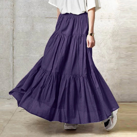 Autumn Winter Long Skirts Vintage Women's Ruffles Skirt Spring Solid Casual Loose Elastic Waist Skirts Oversize Female Bottoms