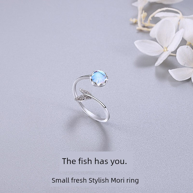 S925 Sterling Silver Fishtail Ring Female Watch White Open Ring Adjustable Gift for Girlfriend for Birthdays and Valentine's Days Christmas Gift